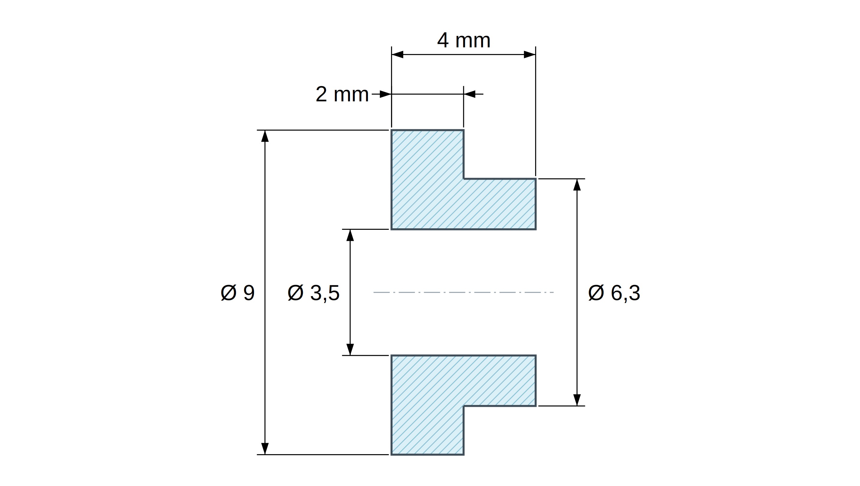 Isolerbussning med fläns Ø3,5x9mm, hög ansats Ø6,3mm, svart glasfiberförstärkt PA6.6-polyamid UL94-HB Isolerbussning med fläns Ø3,5x9mm, hög ansats Ø6,3mm, svart glasfiberförstärkt PA6.6-polyamid UL94-HB