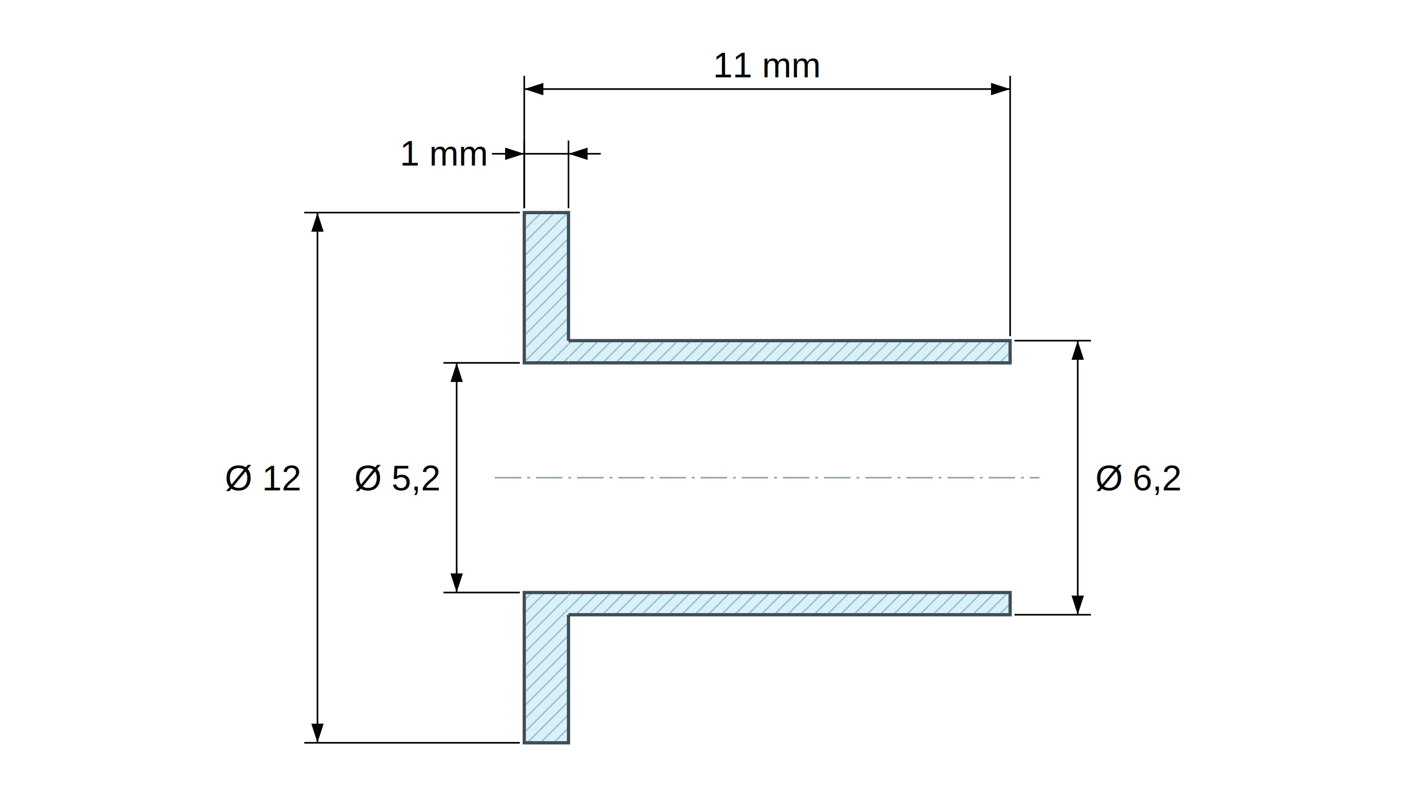 Insulating flanged bushing Ø5,2x12mm, high shoulder Ø6,2mm, black glass-fiber-reinforced PA6.6 polyamide UL94-HB
