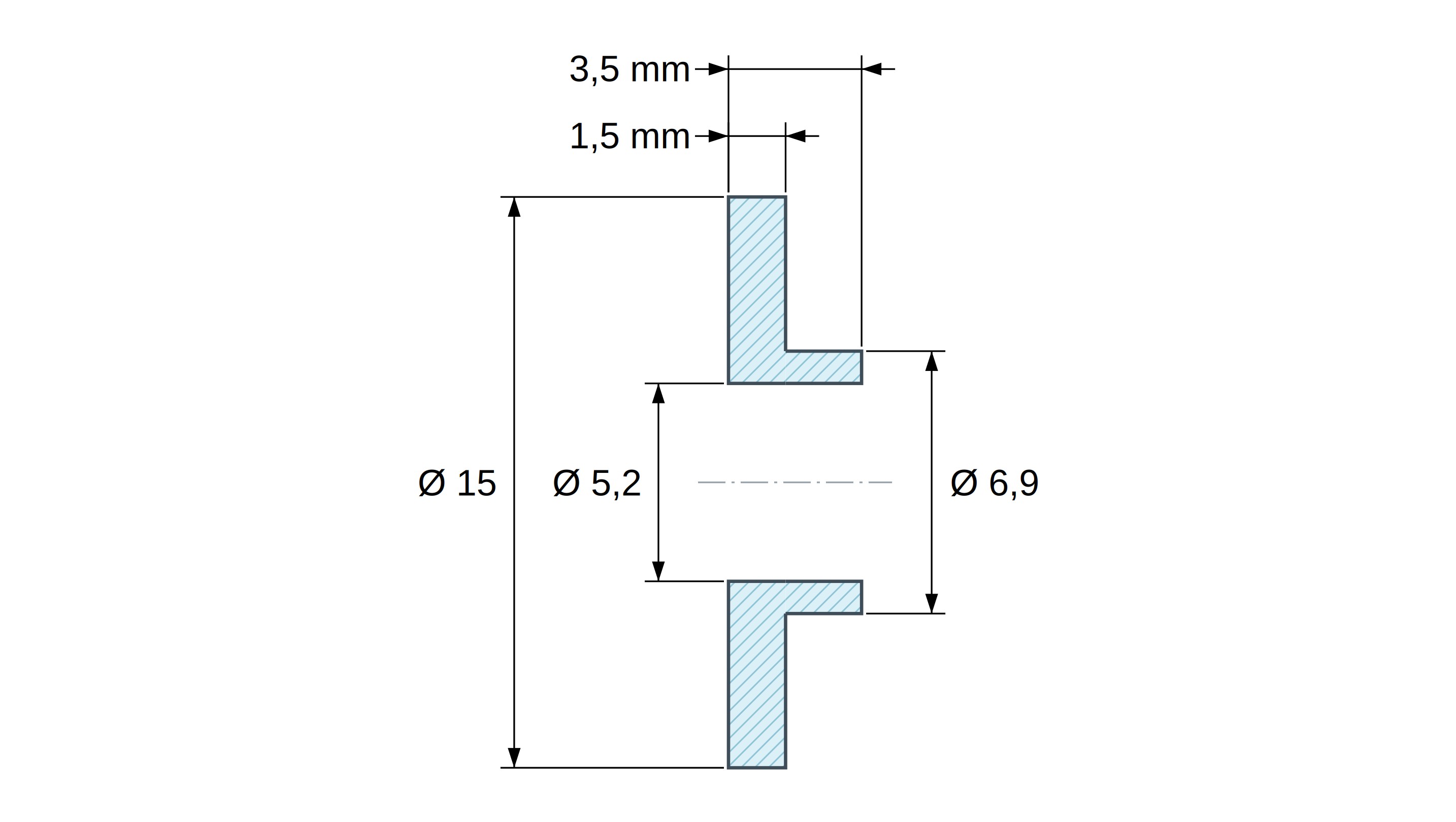 Szigetelő persely karimával Ø5,2x15mm, alacsony váll Ø6,9mm, natúr PA6 poliamid UL94-V2 Szigetelő persely karimával Ø5,2x15mm, alacsony váll Ø6,9mm, natúr PA6 poliamid UL94-V2