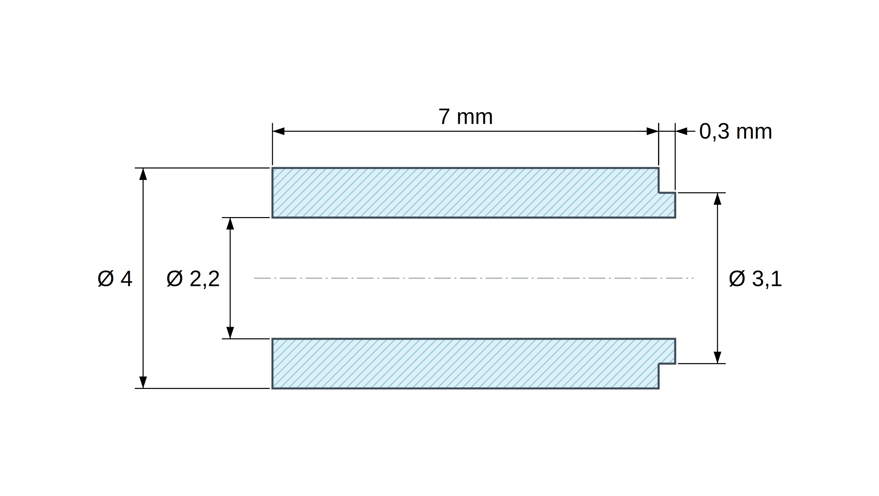 Kótovaný výkres dištančného stĺpika s osadením PA6-GF Ø2,2×4 mm, osadenie Ø3,1×0,3 mm, M2, UL94-HB Kótovaný výkres dištančného stĺpika s osadením PA6-GF Ø2,2×4 mm, osadenie Ø3,1×0,3 mm, M2, UL94-HB