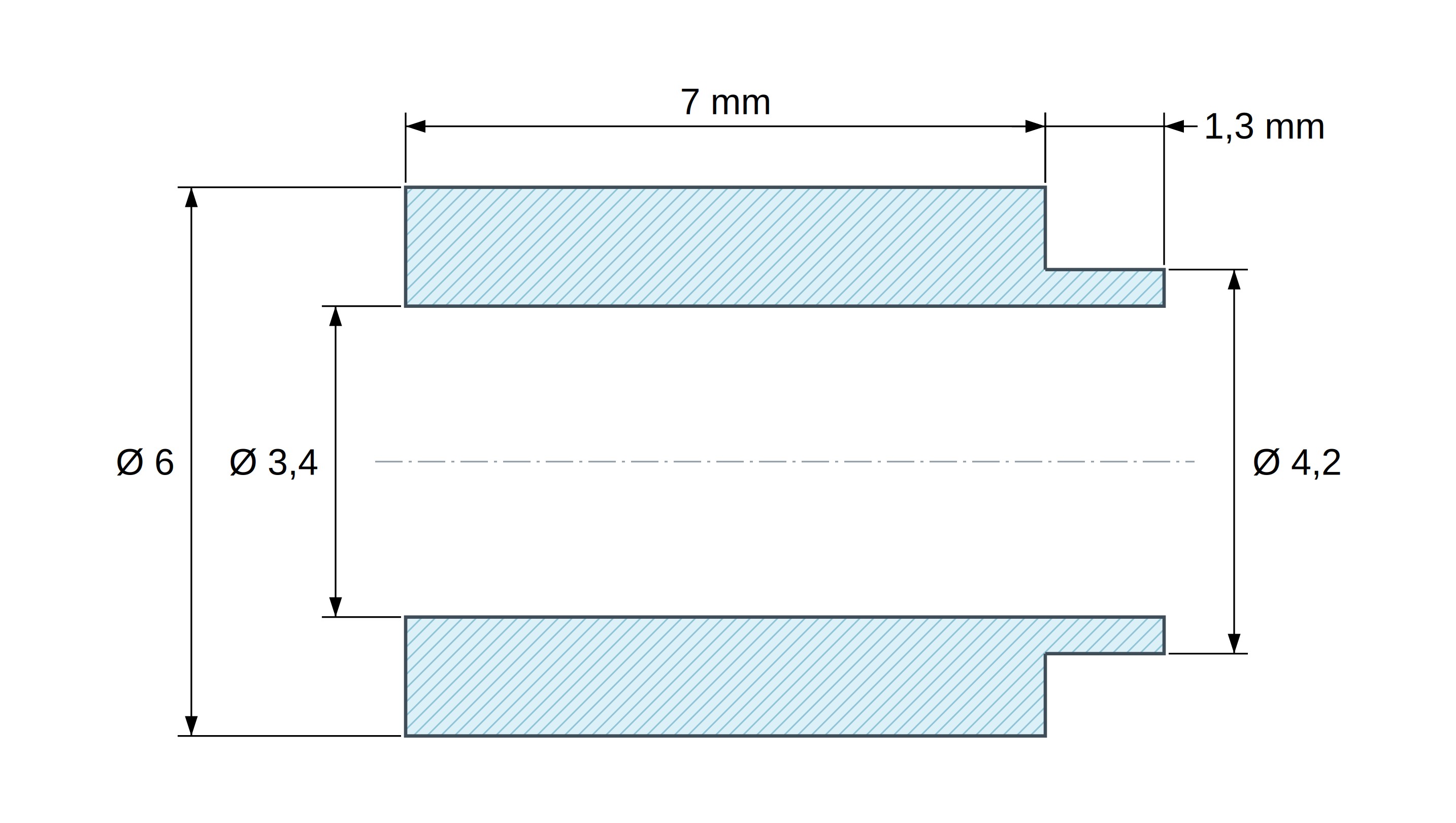 Dimensioned drawing of PA6-GF shouldered spacer Ø3.4×6 mm, shoulder Ø4.2×1.3 mm, for M3, UL94-HB Dimensioned drawing of PA6-GF shouldered spacer Ø3.4×6 mm, shoulder Ø4.2×1.3 mm, for M3, UL94-HB