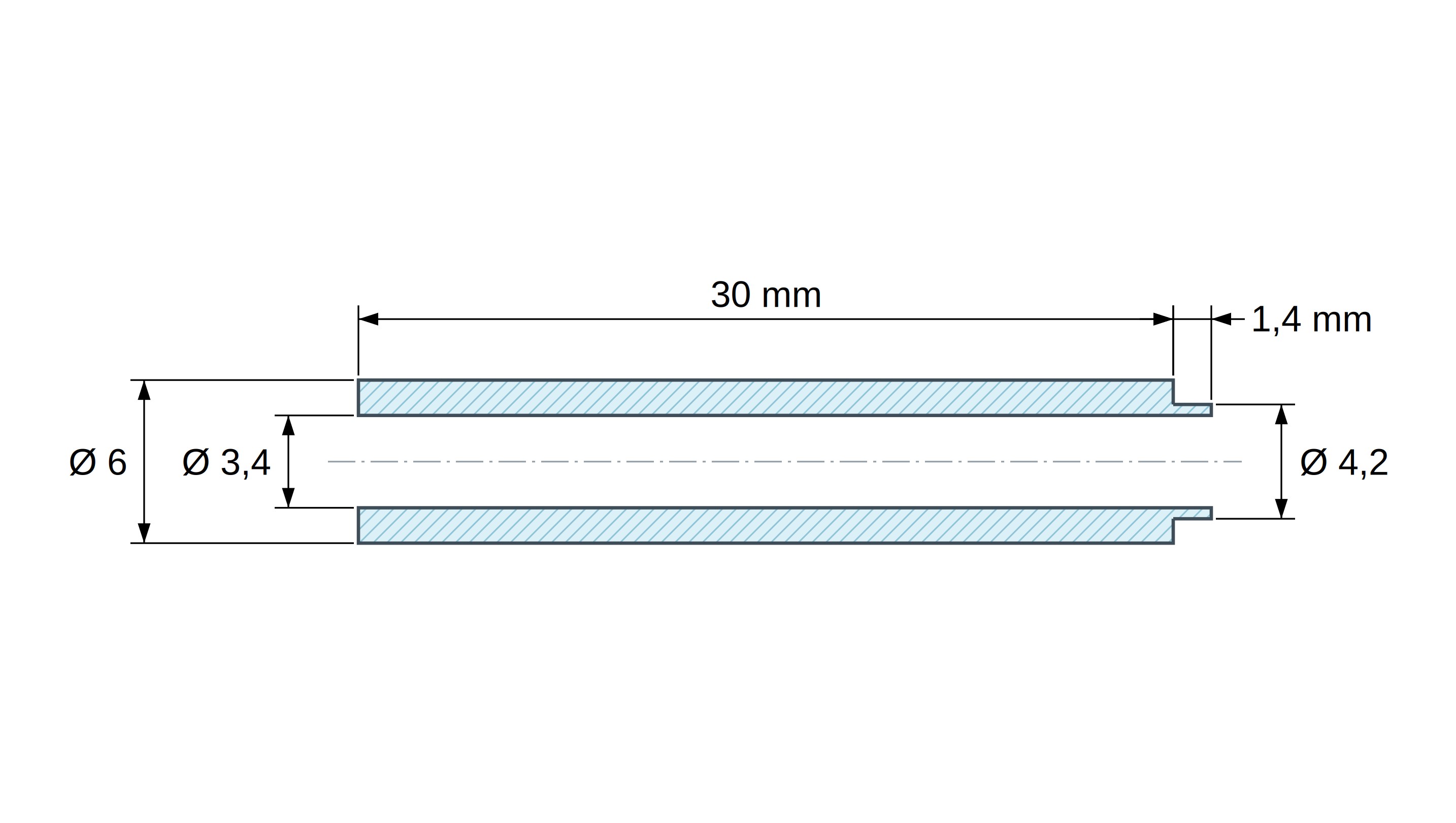Dimensioned drawing of PA6-GF shouldered spacer Ø3.4×6 mm, shoulder Ø4.2×1.4 mm, for M3, UL94-HB Dimensioned drawing of PA6-GF shouldered spacer Ø3.4×6 mm, shoulder Ø4.2×1.4 mm, for M3, UL94-HB