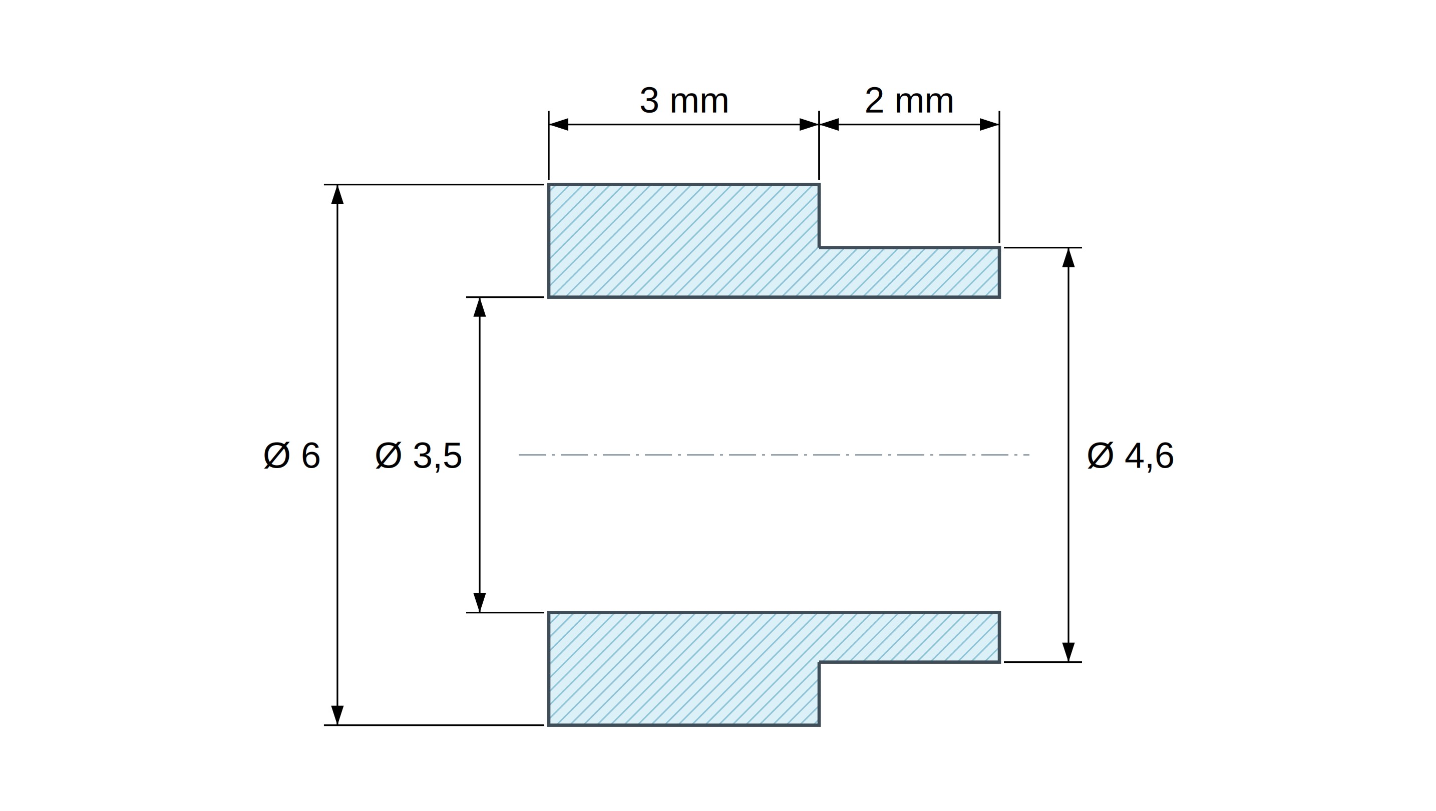 Desen cotat al distanțierului cu umăr PA6-FS Ø3,5×6 mm, umăr Ø4,6×2 mm, pentru M3, UL94-HB Desen cotat al distanțierului cu umăr PA6-FS Ø3,5×6 mm, umăr Ø4,6×2 mm, pentru M3, UL94-HB