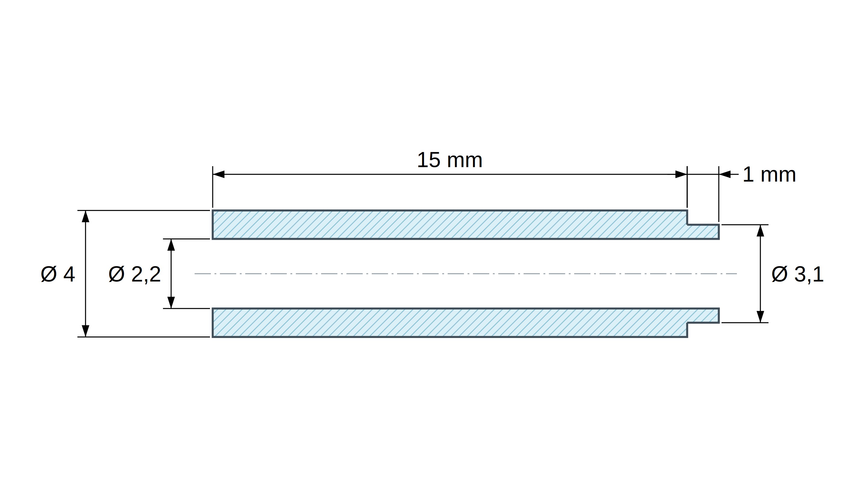 Desen cotat al distanțierului cu umăr PA6-FS Ø2,2×4 mm, umăr Ø3,1×1 mm, pentru M2, UL94-HB Desen cotat al distanțierului cu umăr PA6-FS Ø2,2×4 mm, umăr Ø3,1×1 mm, pentru M2, UL94-HB