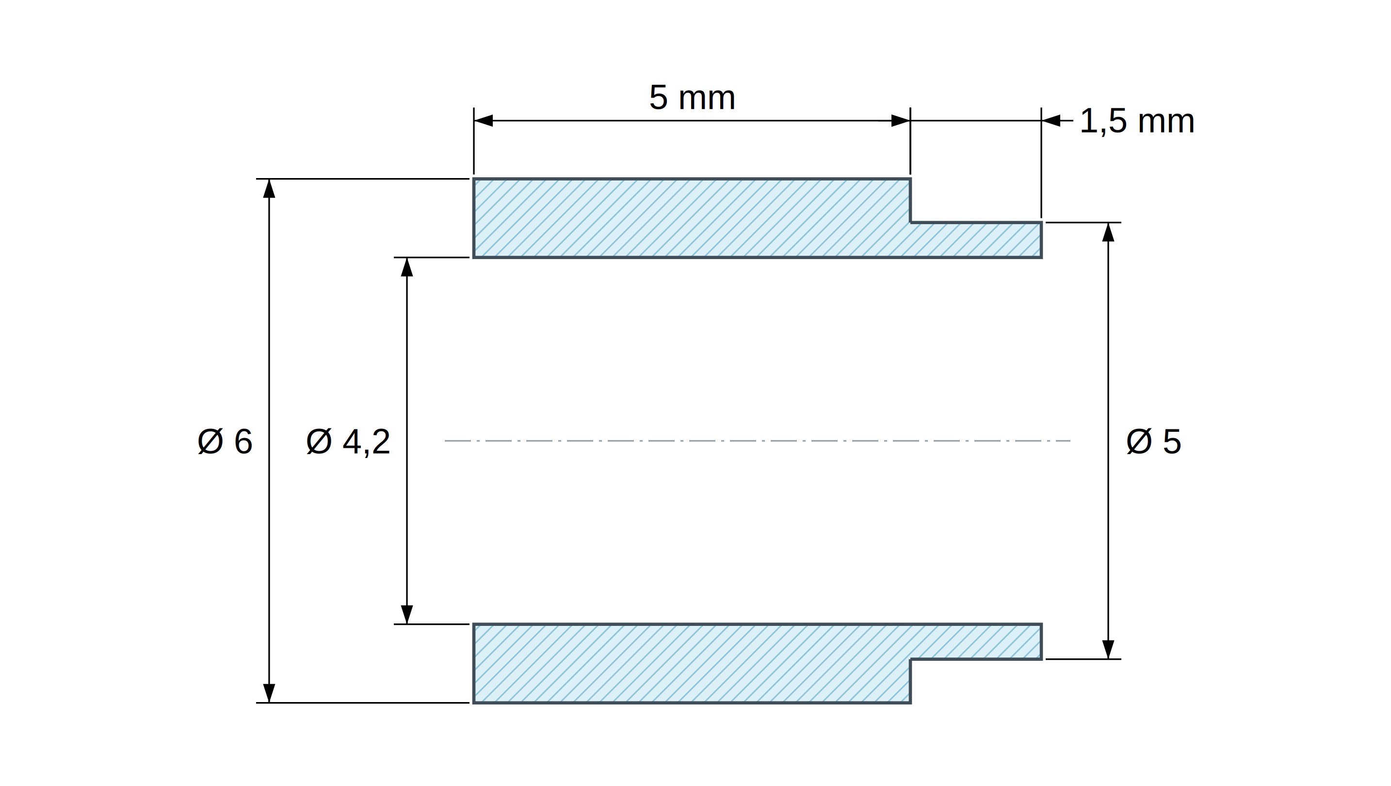 Dimensioned drawing of PA6-GF shouldered spacer Ø4.2×6 mm, shoulder Ø5×1.5 mm, for M4, UL94-HB Dimensioned drawing of PA6-GF shouldered spacer Ø4.2×6 mm, shoulder Ø5×1.5 mm, for M4, UL94-HB