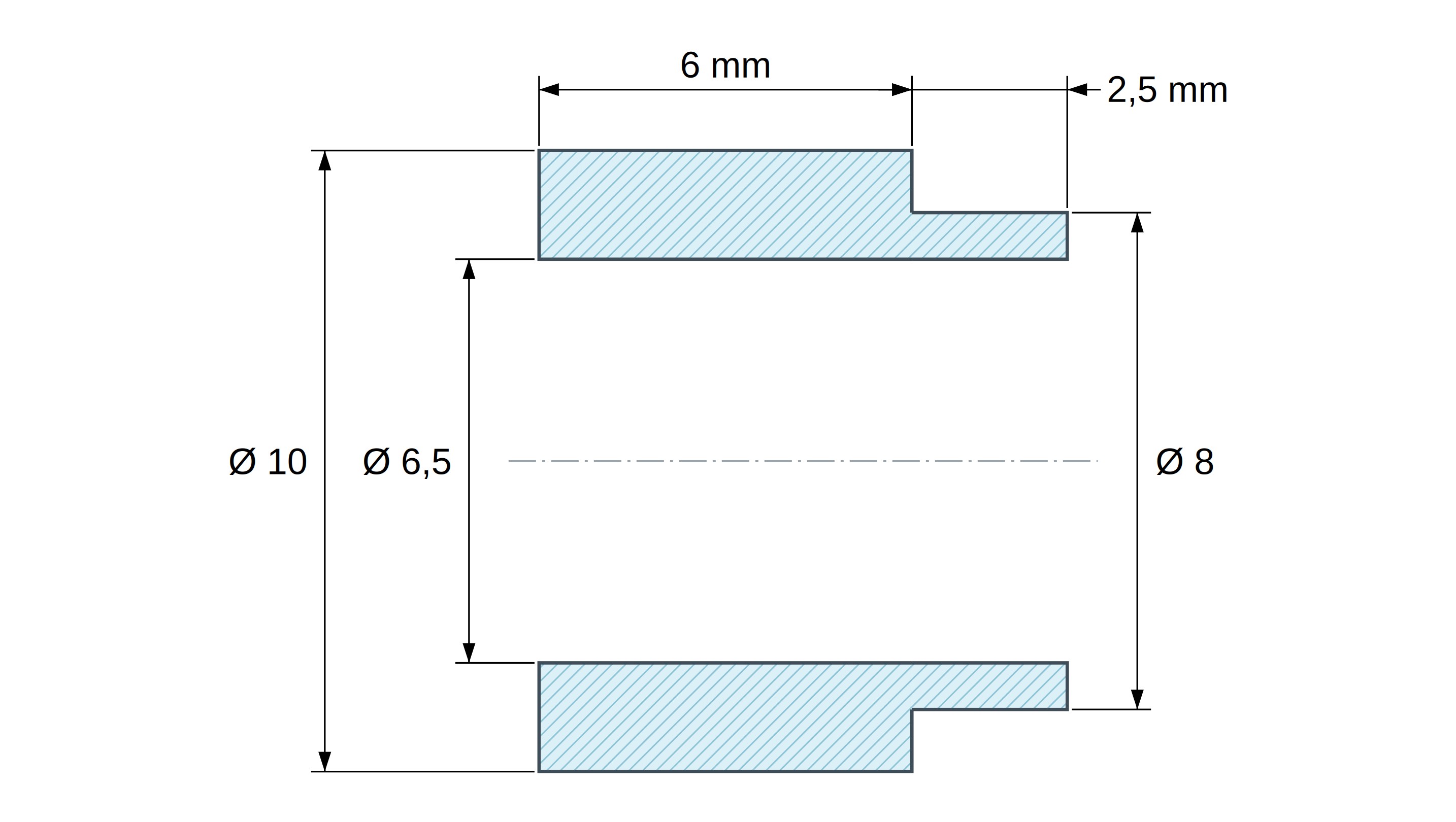 Kótovaný výkres distančního sloupku s osazením PA6-GF Ø6,5×10 mm, osazení Ø8×2,5 mm, M6, UL94-HB Kótovaný výkres distančního sloupku s osazením PA6-GF Ø6,5×10 mm, osazení Ø8×2,5 mm, M6, UL94-HB