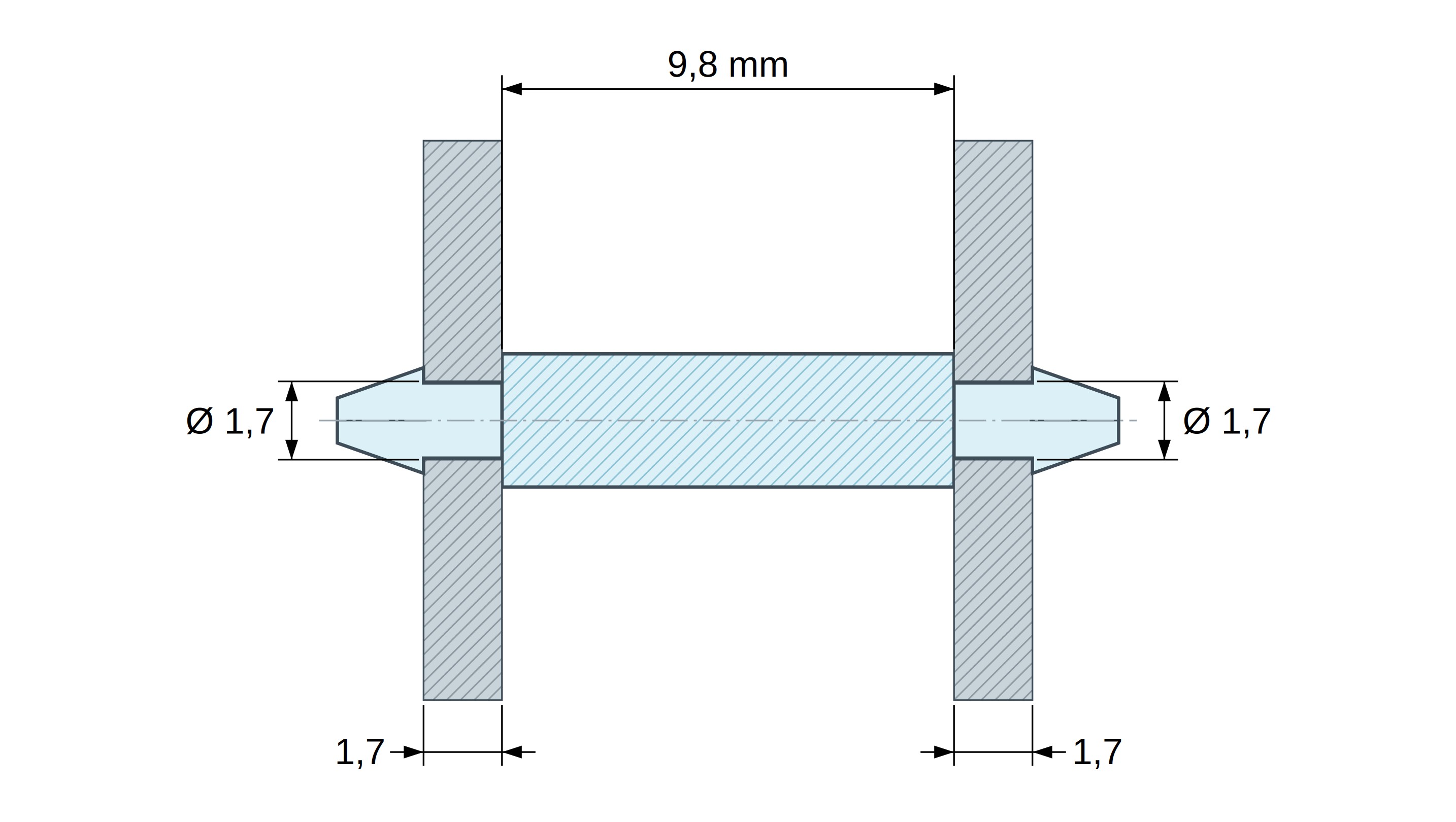 Rysunek wymiarowy Dwustronnie zatrzaskowy wspornik PCB, PA6.6 naturalny, UL94-V2, otwór PCB Ø1,7 mm, grubość PCB 1,7 mm