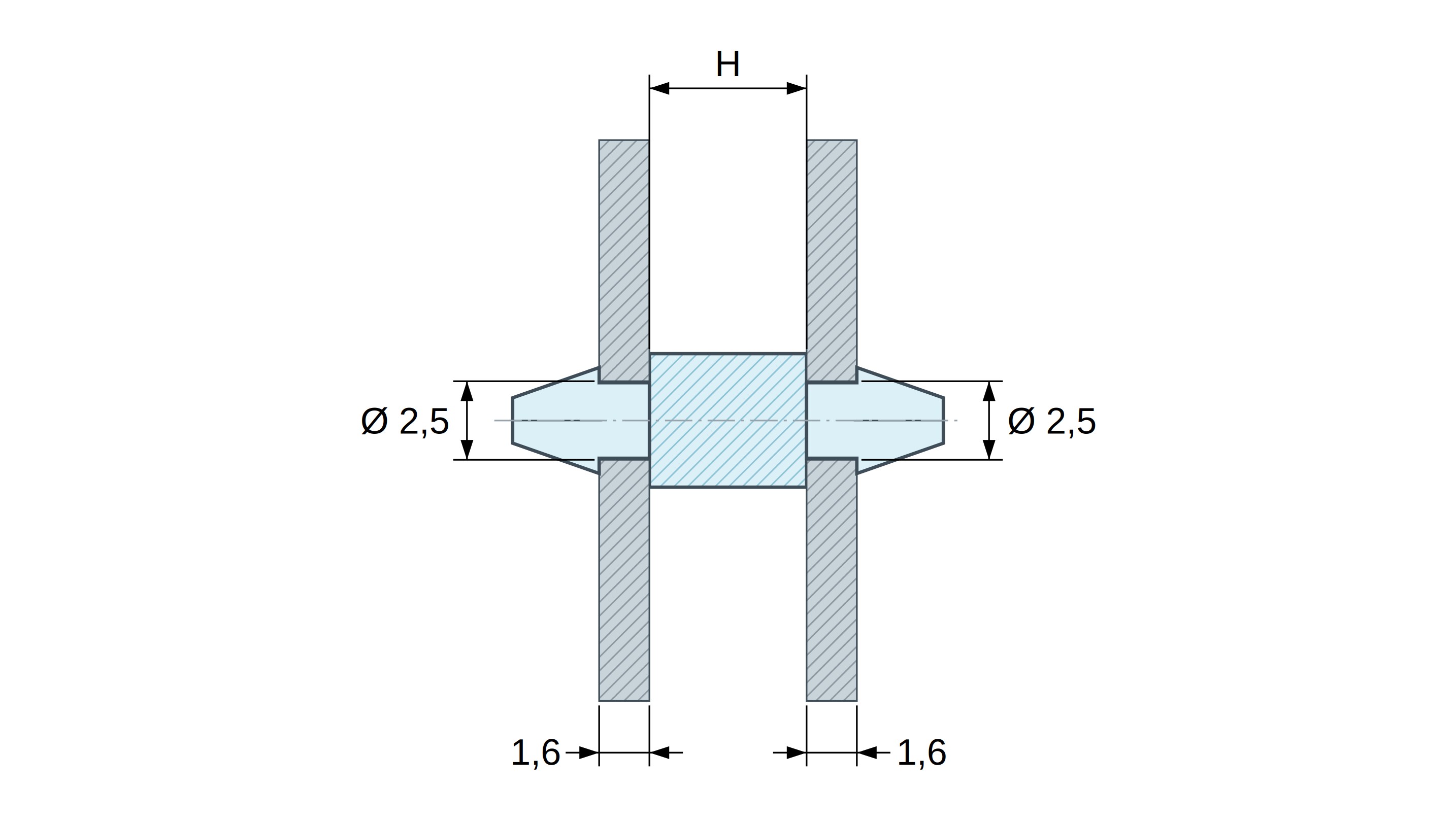 Dimensioned drawing: Double-snap PCB support, natural PA6.6 polyamide UL94-V2, PCB hole Ø2.5 mm, PCB 1.6 mm Dimensioned drawing: Double-snap PCB support, natural PA6.6 polyamide UL94-V2, PCB hole Ø2.5 mm, PCB 1.6 mm