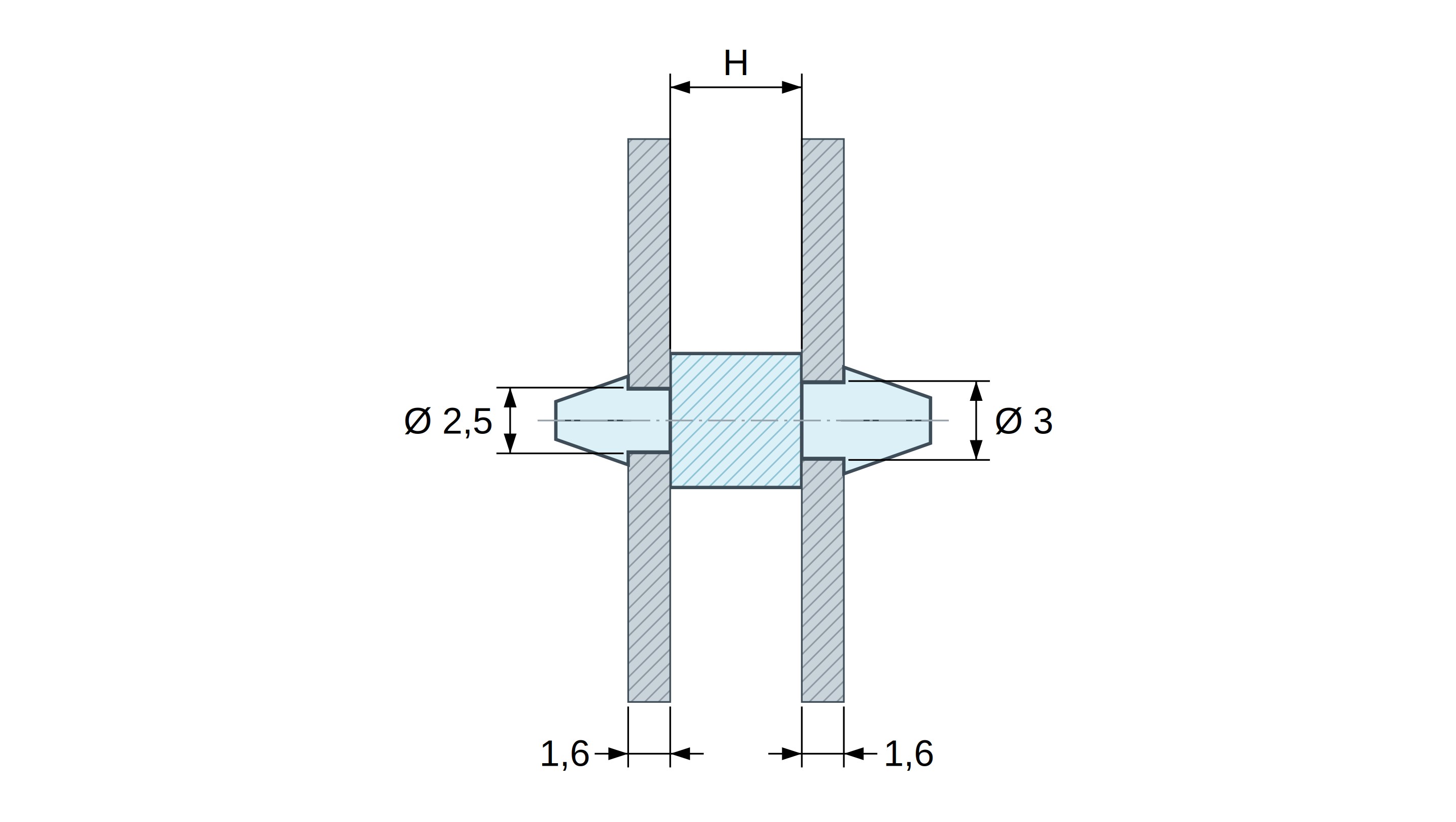 Rysunek wymiarowy: Dwustronnie zatrzaskowy uchwyt PCB, poliamid PA6.6 czarny UL94-HB, PCB Ø2,5 mm 1,6 mm / obudowa Ø3 mm 1,6 mm