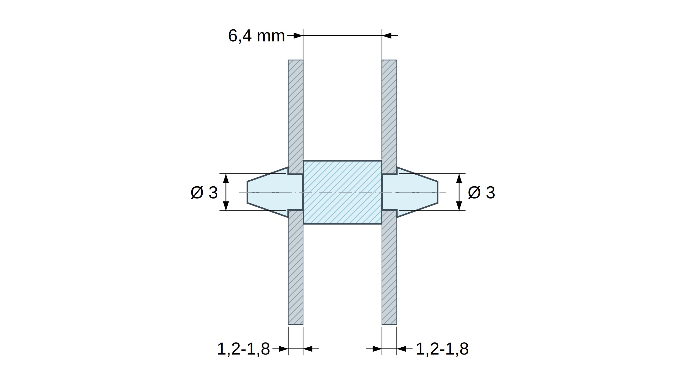 Dimensioned drawing of Double-snap PCB support, PA6.6 black, UL94-V2, PCB hole Ø3 mm, PCB thickness 1.2–1.8 mm Dimensioned drawing of Double-snap PCB support, PA6.6 black, UL94-V2, PCB hole Ø3 mm, PCB thickness 1.2–1.8 mm