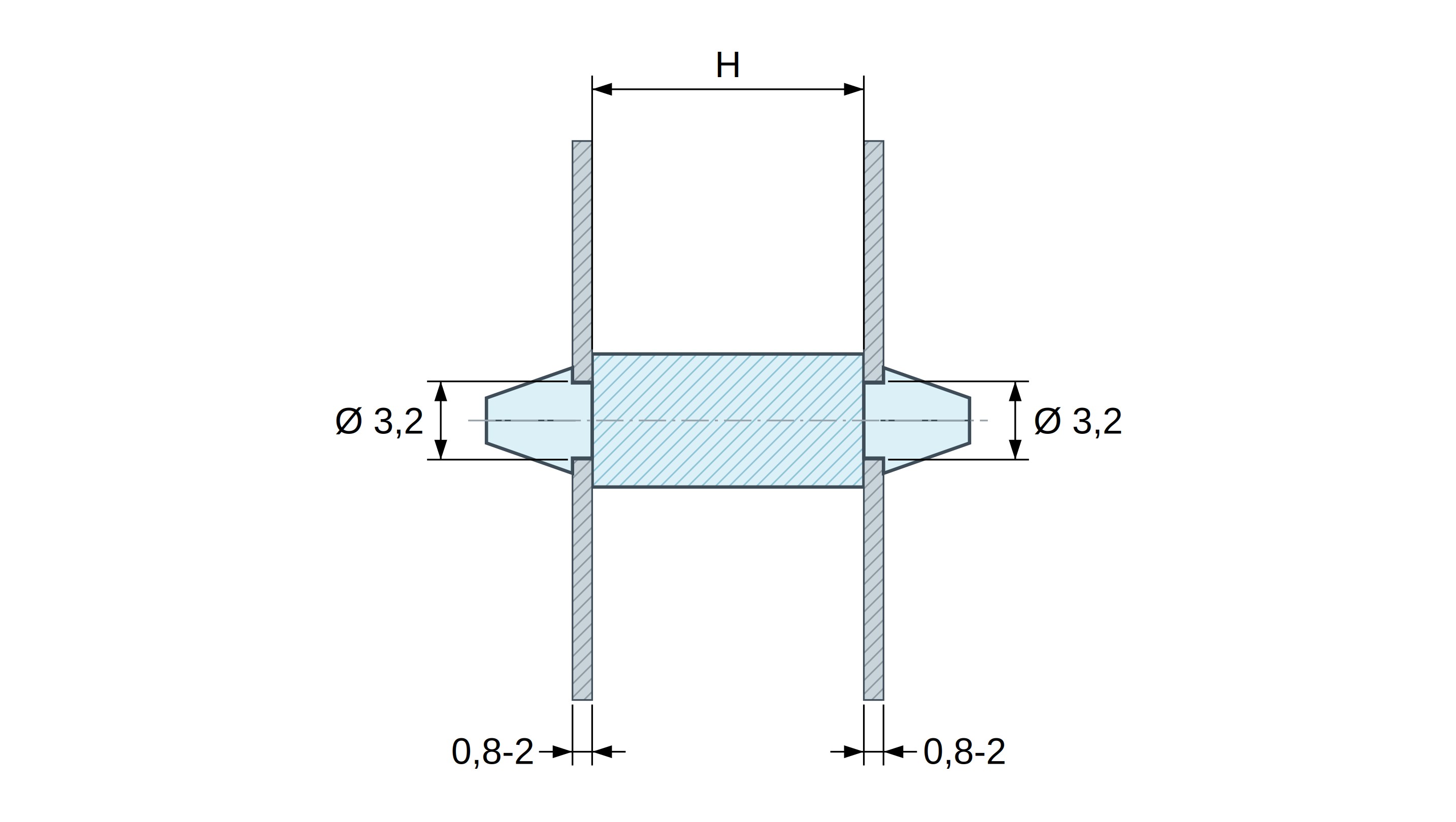 Dimensioned drawing of Double-snap PCB support, PA6.6 natural, UL94-V2, PCB hole Ø3.2 mm, PCB thickness 0.8–2 mm Dimensioned drawing of Double-snap PCB support, PA6.6 natural, UL94-V2, PCB hole Ø3.2 mm, PCB thickness 0.8–2 mm