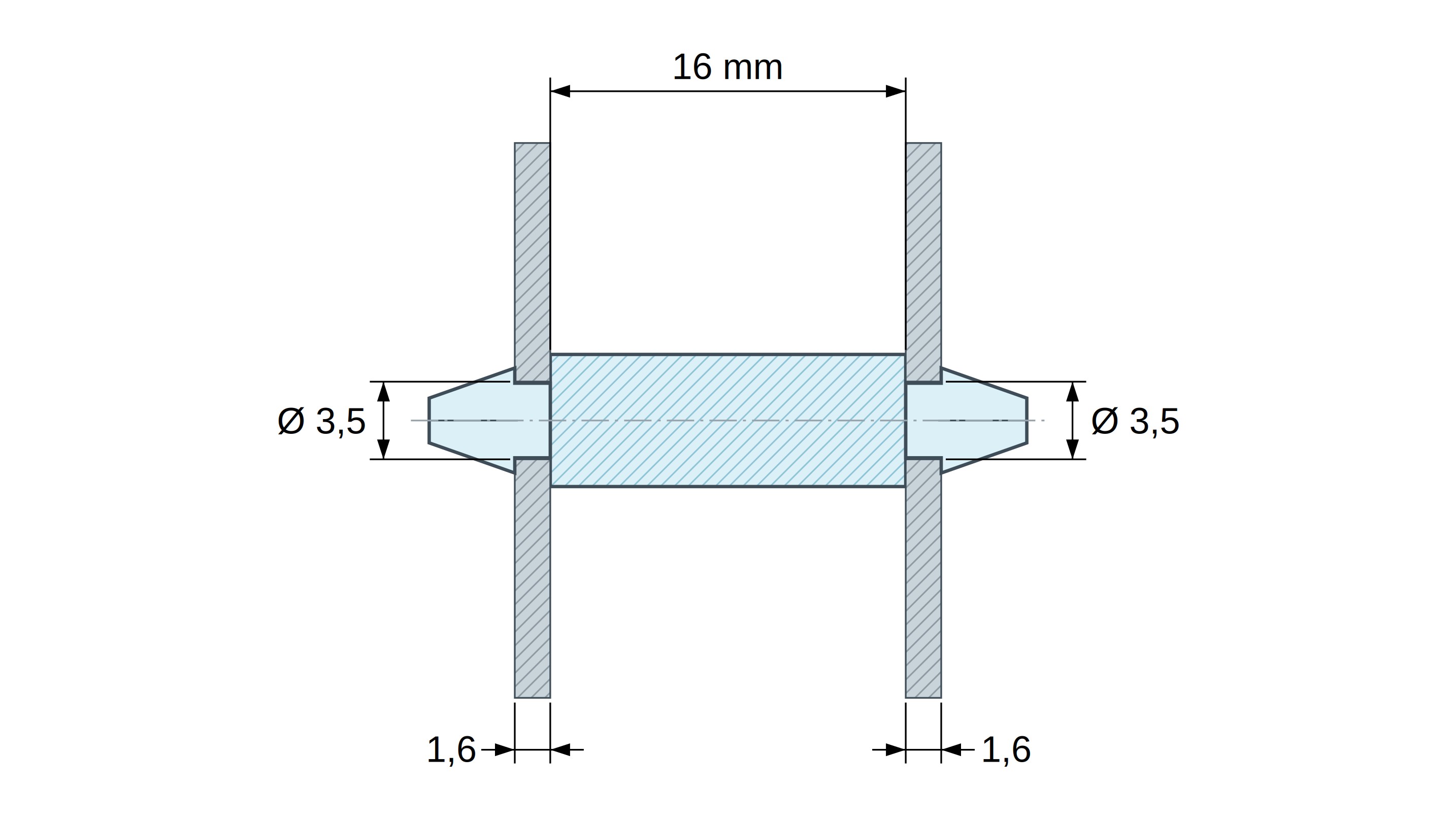 Rysunek wymiarowy Dwustronnie zatrzaskowy wspornik PCB, PA6.6 naturalny, UL94-V0, otwór PCB Ø3,5 mm, grubość PCB 1,6 mm Rysunek wymiarowy Dwustronnie zatrzaskowy wspornik PCB, PA6.6 naturalny, UL94-V0, otwór PCB Ø3,5 mm, grubość PCB 1,6 mm