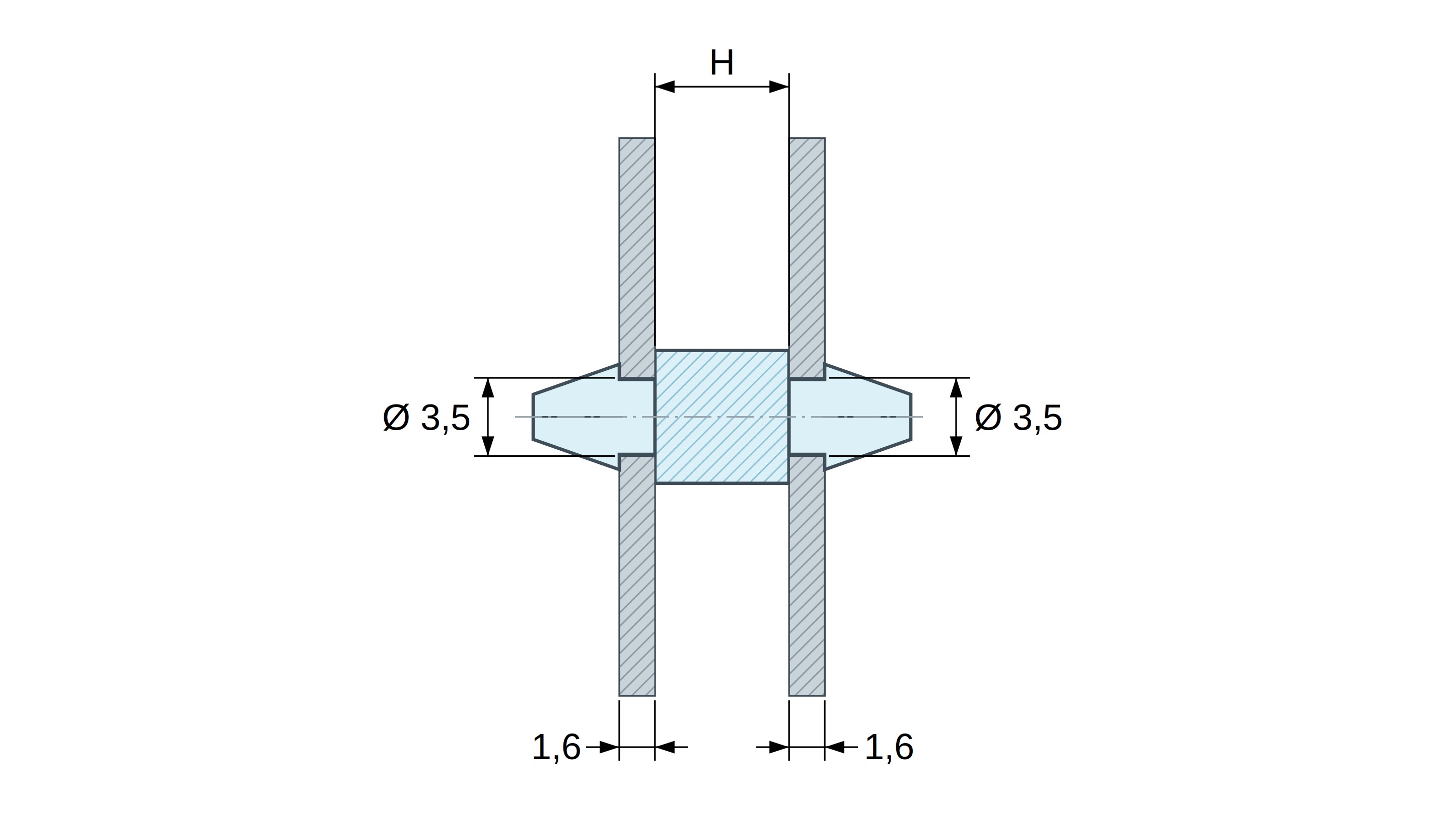 Dimensioned drawing: Double-snap PCB support, natural PA6.6 polyamide UL94-V2, PCB hole Ø3.5 mm, PCB 1.6 mm Dimensioned drawing: Double-snap PCB support, natural PA6.6 polyamide UL94-V2, PCB hole Ø3.5 mm, PCB 1.6 mm