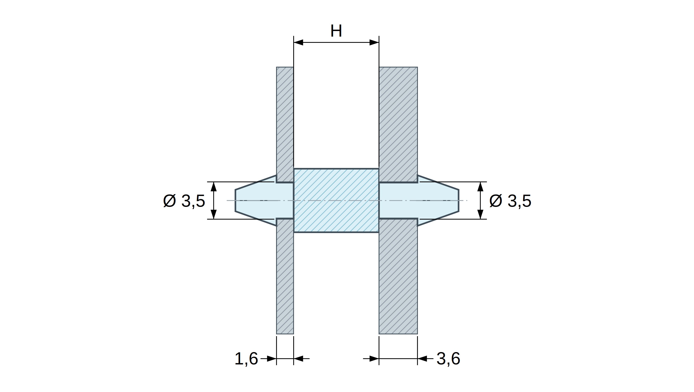 Desen cotat: Suport PCB clipsabil pe ambele părți, poliamidă PA6.6 naturală UL94-V2, PCB Ø3,5 mm 1,6 mm / șasiu Ø3,5 mm 3,6 mm
