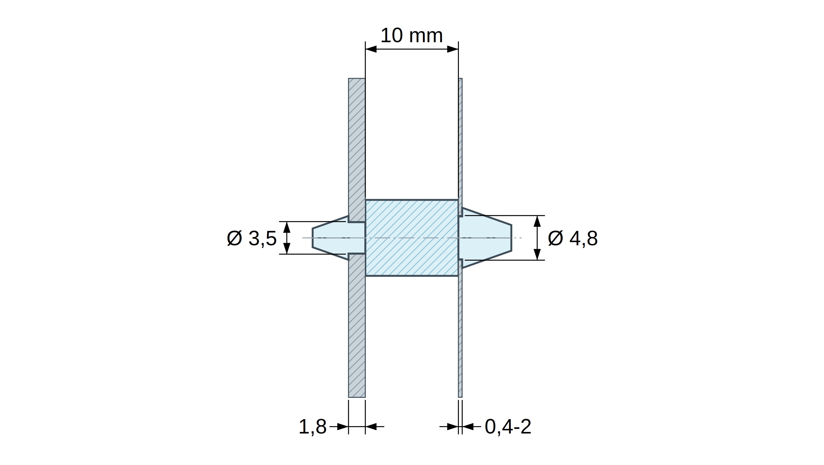 Dubbelzijdig inklikbare printplaatsteun, PA6.6-polyamide, naturel, UL94-V2, PCB Ø3,5/1,8 mm / CH Ø4,8/0,4–2 mm Dubbelzijdig inklikbare printplaatsteun, PA6.6-polyamide, naturel, UL94-V2, PCB Ø3,5/1,8 mm / CH Ø4,8/0,4–2 mm