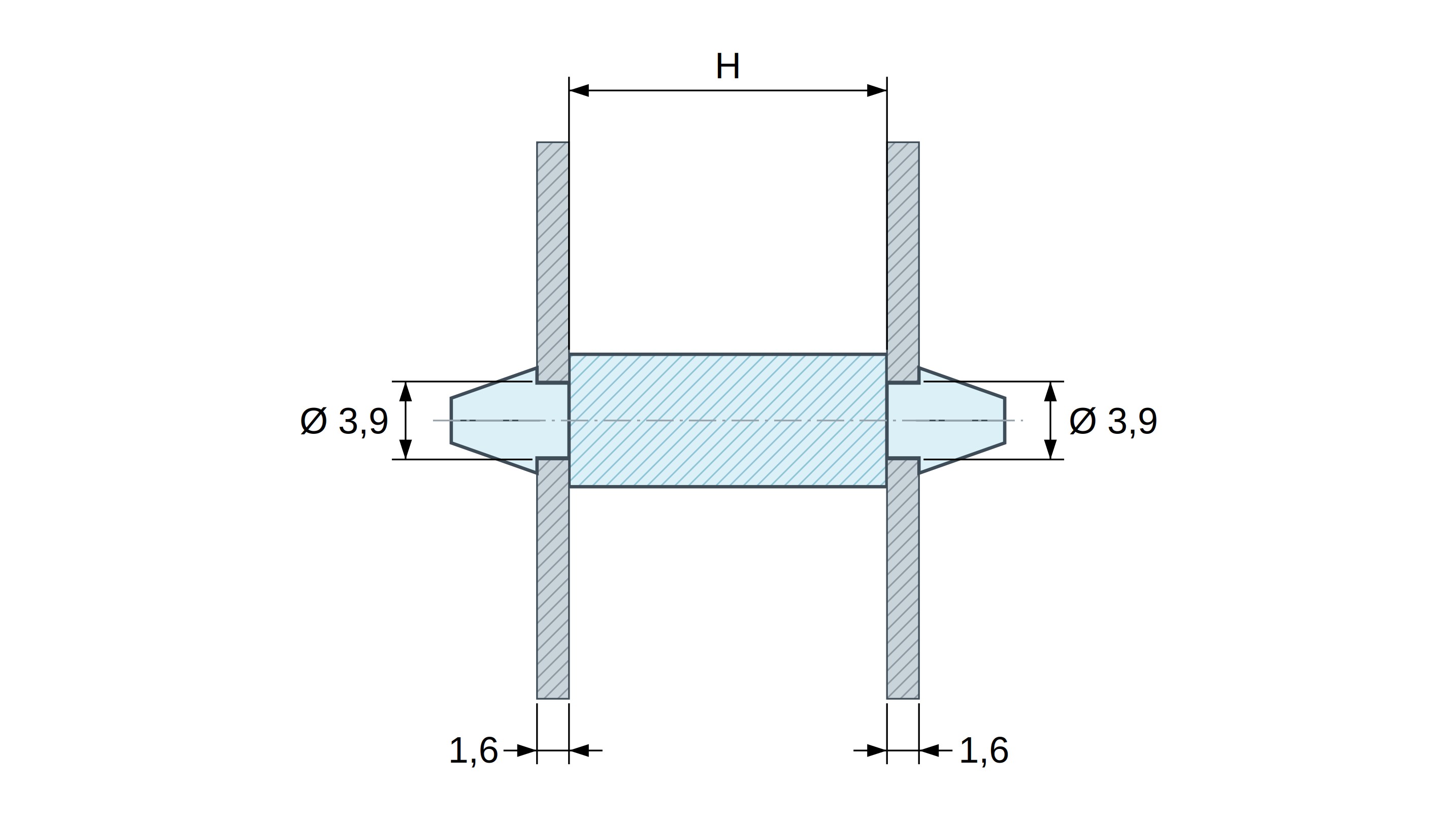Dimensioned drawing of Double-snap PCB support, PA6.6 natural, UL94-V2, PCB hole Ø3.9 mm, PCB thickness 1.6 mm Dimensioned drawing of Double-snap PCB support, PA6.6 natural, UL94-V2, PCB hole Ø3.9 mm, PCB thickness 1.6 mm