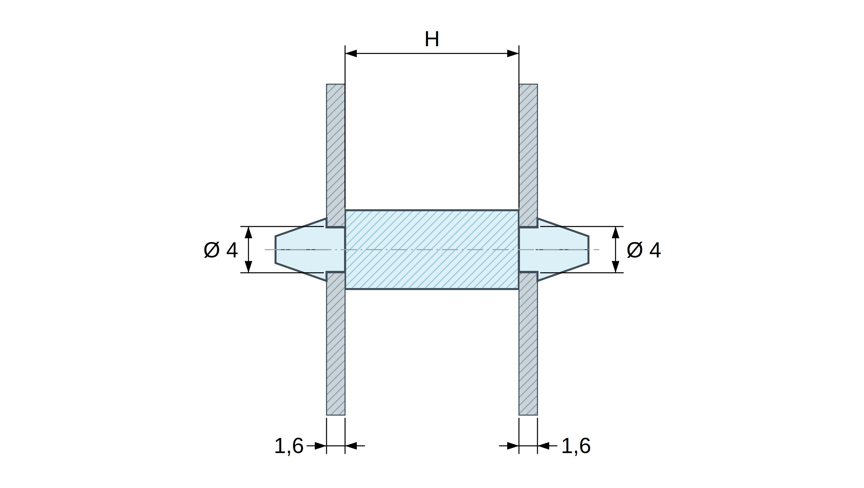 Dimensioned drawing of Double-snap PCB support, PA6.6 black, UL94-HB, PCB hole Ø4 mm, PCB thickness 1.6 mm Dimensioned drawing of Double-snap PCB support, PA6.6 black, UL94-HB, PCB hole Ø4 mm, PCB thickness 1.6 mm
