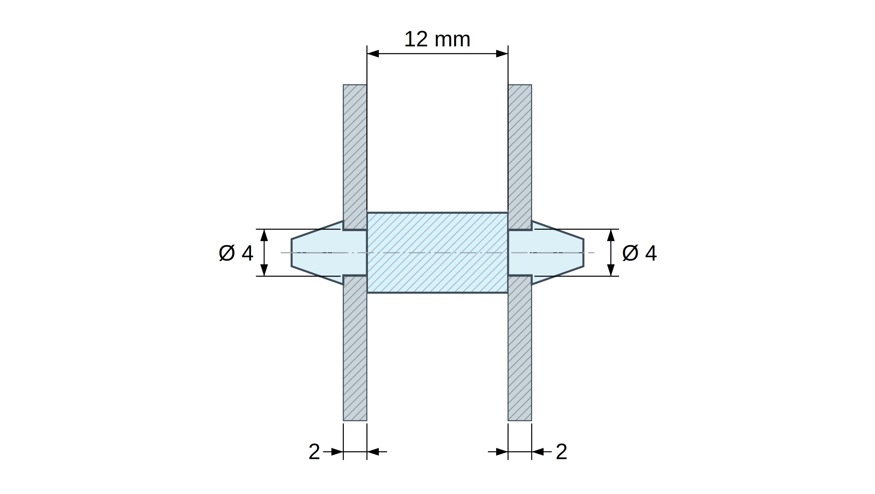 Rysunek wymiarowy Dwustronnie zatrzaskowy wspornik PCB, PA6.6 naturalny, UL94-HB, otwór PCB Ø4 mm, grubość PCB 2 mm Rysunek wymiarowy Dwustronnie zatrzaskowy wspornik PCB, PA6.6 naturalny, UL94-HB, otwór PCB Ø4 mm, grubość PCB 2 mm