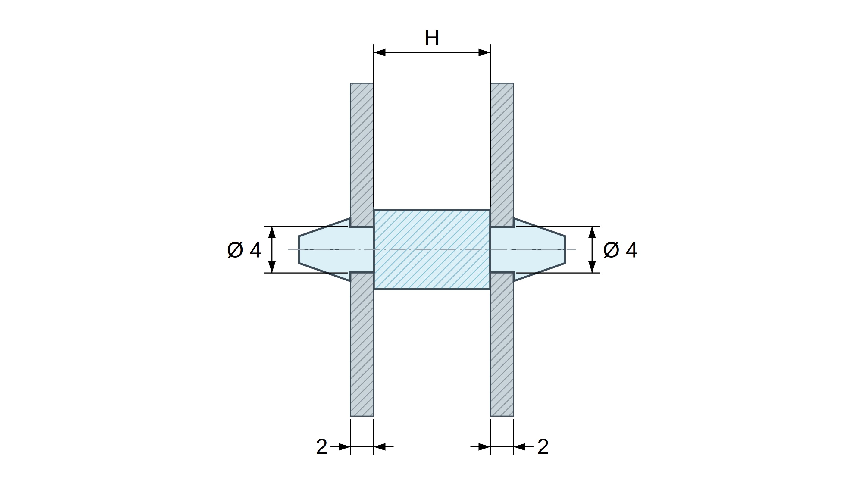 Dimensioned drawing of Double-snap PCB support, PA6.6 black, UL94-HB, PCB hole Ø4 mm, PCB thickness 2 mm Dimensioned drawing of Double-snap PCB support, PA6.6 black, UL94-HB, PCB hole Ø4 mm, PCB thickness 2 mm