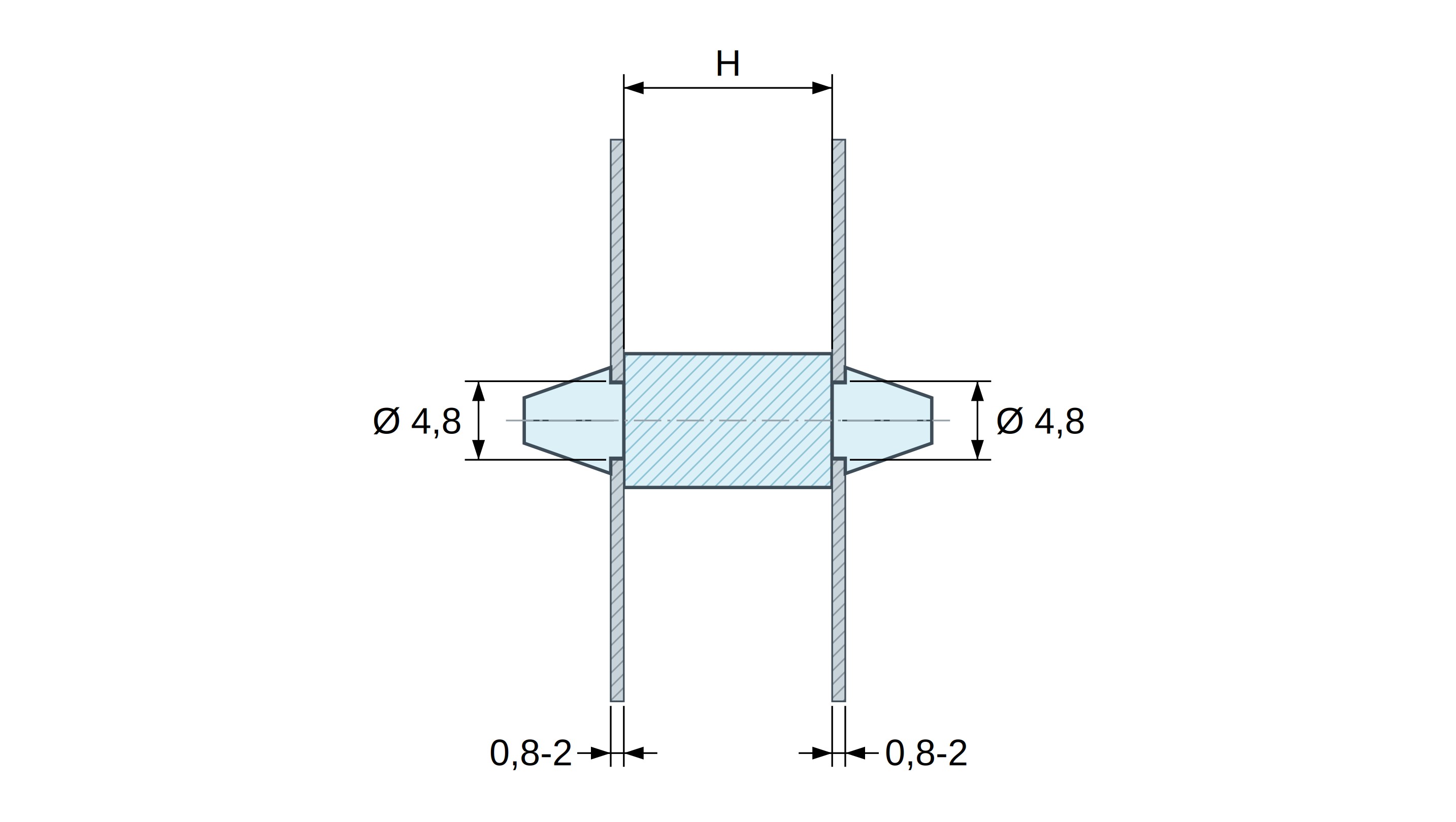 Dimensioned drawing of Double-snap PCB support, PA6.6 natural, UL94-V2, PCB hole Ø4.8 mm, PCB thickness 0.8–2 mm Dimensioned drawing of Double-snap PCB support, PA6.6 natural, UL94-V2, PCB hole Ø4.8 mm, PCB thickness 0.8–2 mm