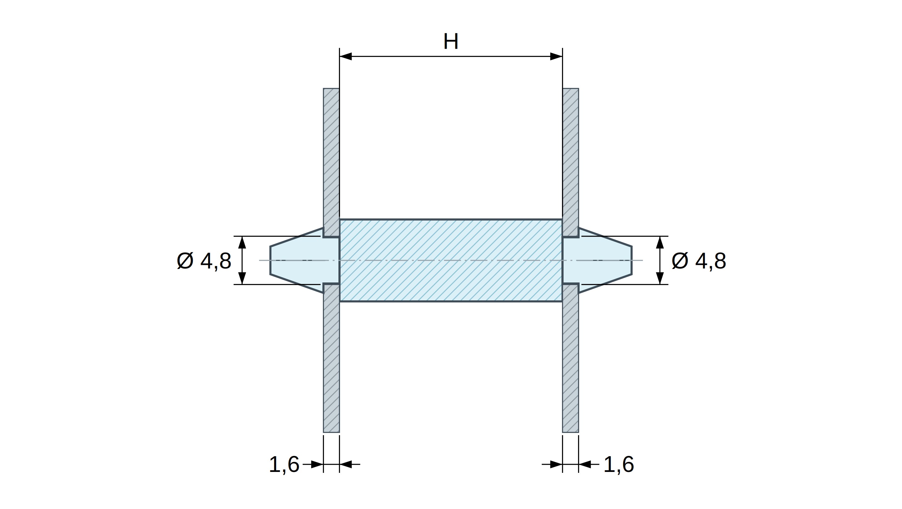 Dimensioned drawing of Double-snap PCB support, PA6.6 natural, UL94-V2, PCB hole Ø4.8 mm, PCB thickness 1.6 mm Dimensioned drawing of Double-snap PCB support, PA6.6 natural, UL94-V2, PCB hole Ø4.8 mm, PCB thickness 1.6 mm