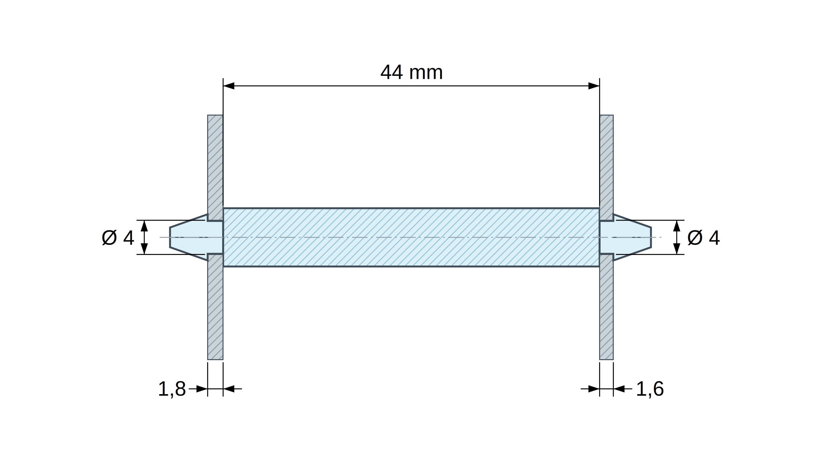 Rysunek wymiarowy: Dwustronnie zatrzaskowy uchwyt PCB, poliamid PA6.6 czarny UL94-HB, PCB Ø4 mm 1,8 mm / obudowa Ø4 mm 1,6 mm