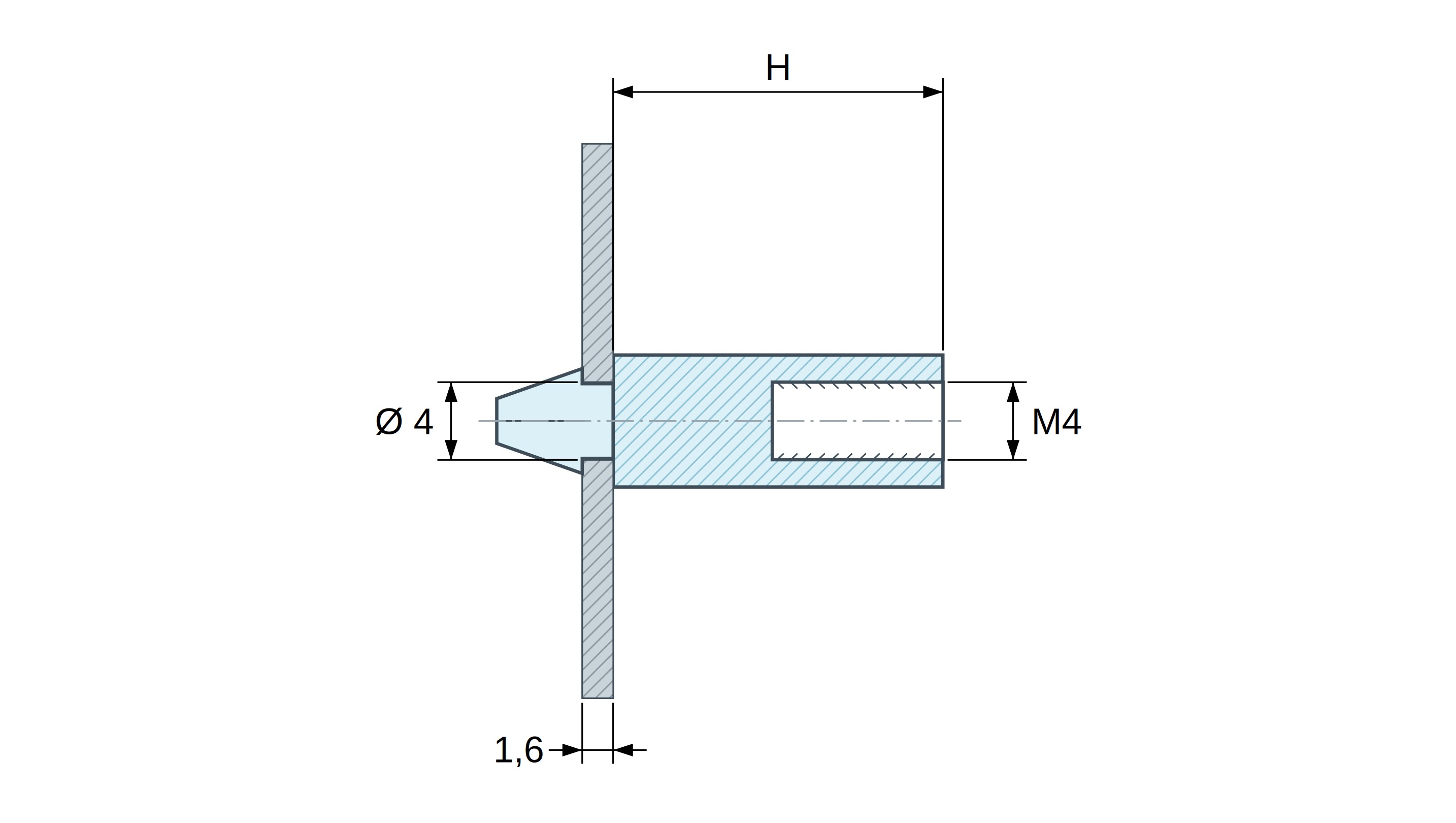 Rysunek wymiarowy: Zatrzaskowy uchwyt PCB, gwint wewnętrzny M4, poliamid PA6.6 czarny UL94-HB, otwór PCB Ø4 mm, PCB 1,6 mm
