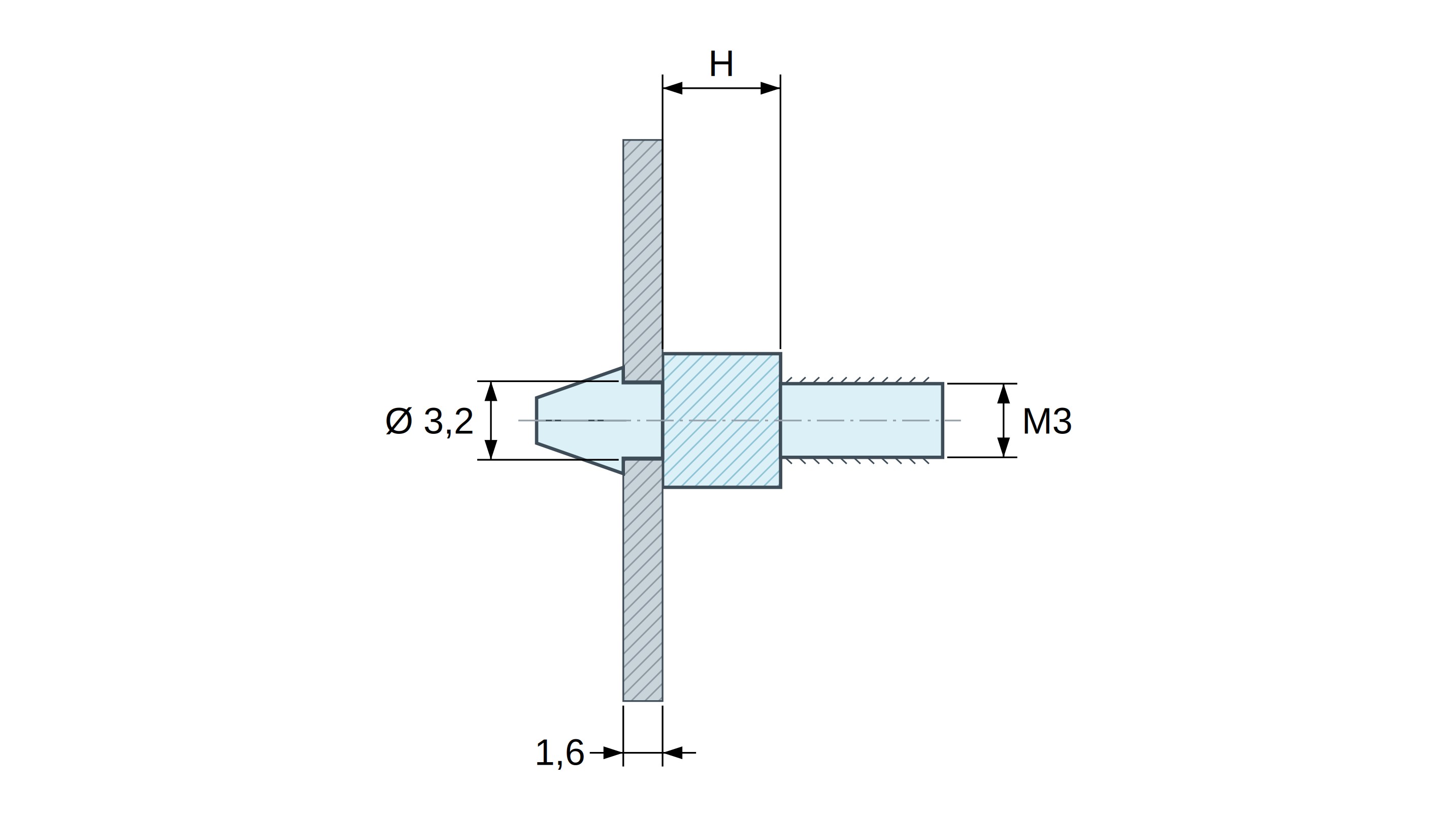Snap-in circuit-board support with M3 thread, natural PA6.6 polyamide UL94-V2, Ø3.2 mm board hole, 1.6 mm board Snap-in circuit-board support with M3 thread, natural PA6.6 polyamide UL94-V2, Ø3.2 mm board hole, 1.6 mm board