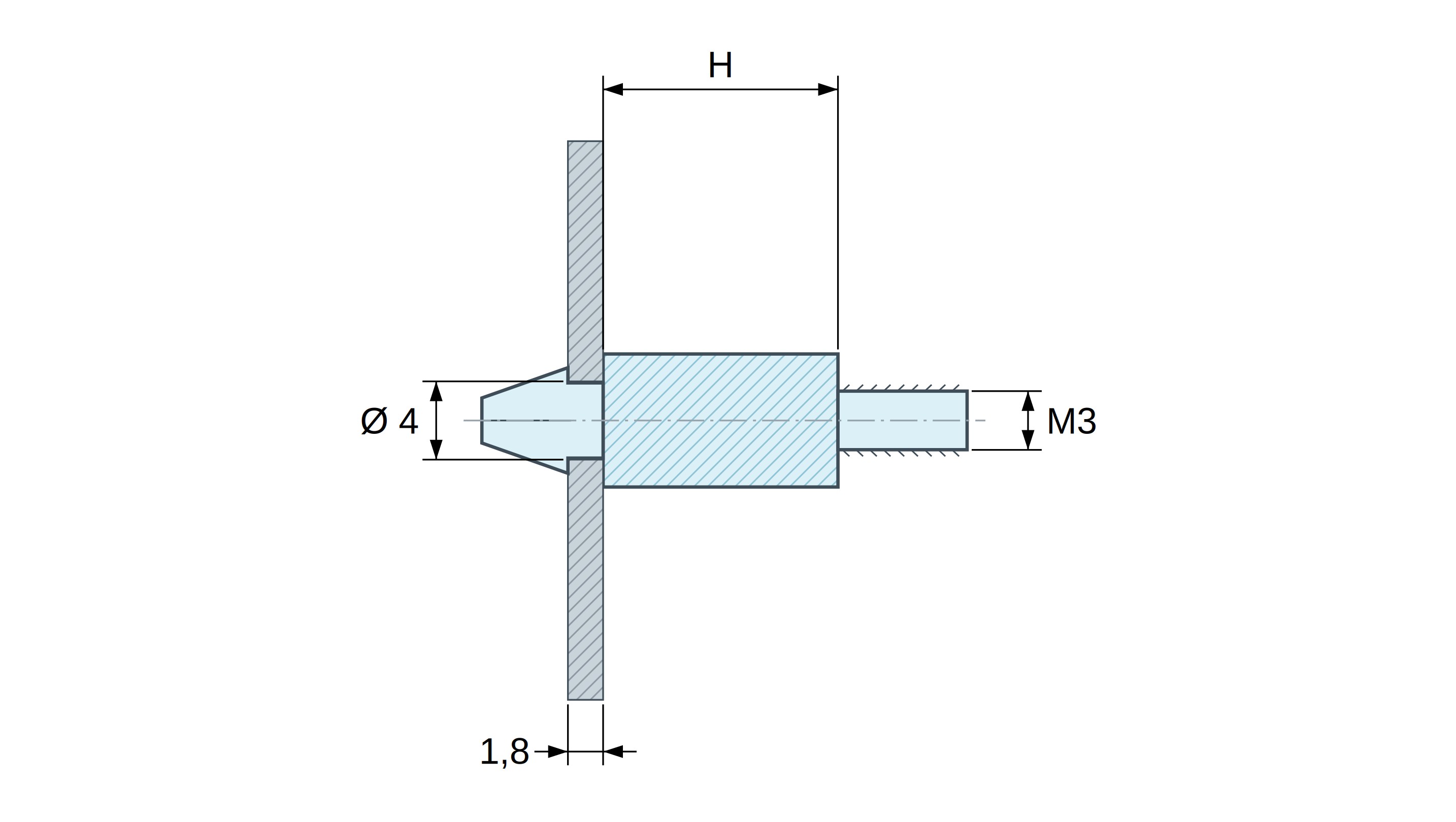 Suporte de encaixe para placa de circuito impresso com rosca M3, poliamida PA6.6 preta UL94-HB, furo Ø4 mm, placa 1,8 mm Suporte de encaixe para placa de circuito impresso com rosca M3, poliamida PA6.6 preta UL94-HB, furo Ø4 mm, placa 1,8 mm