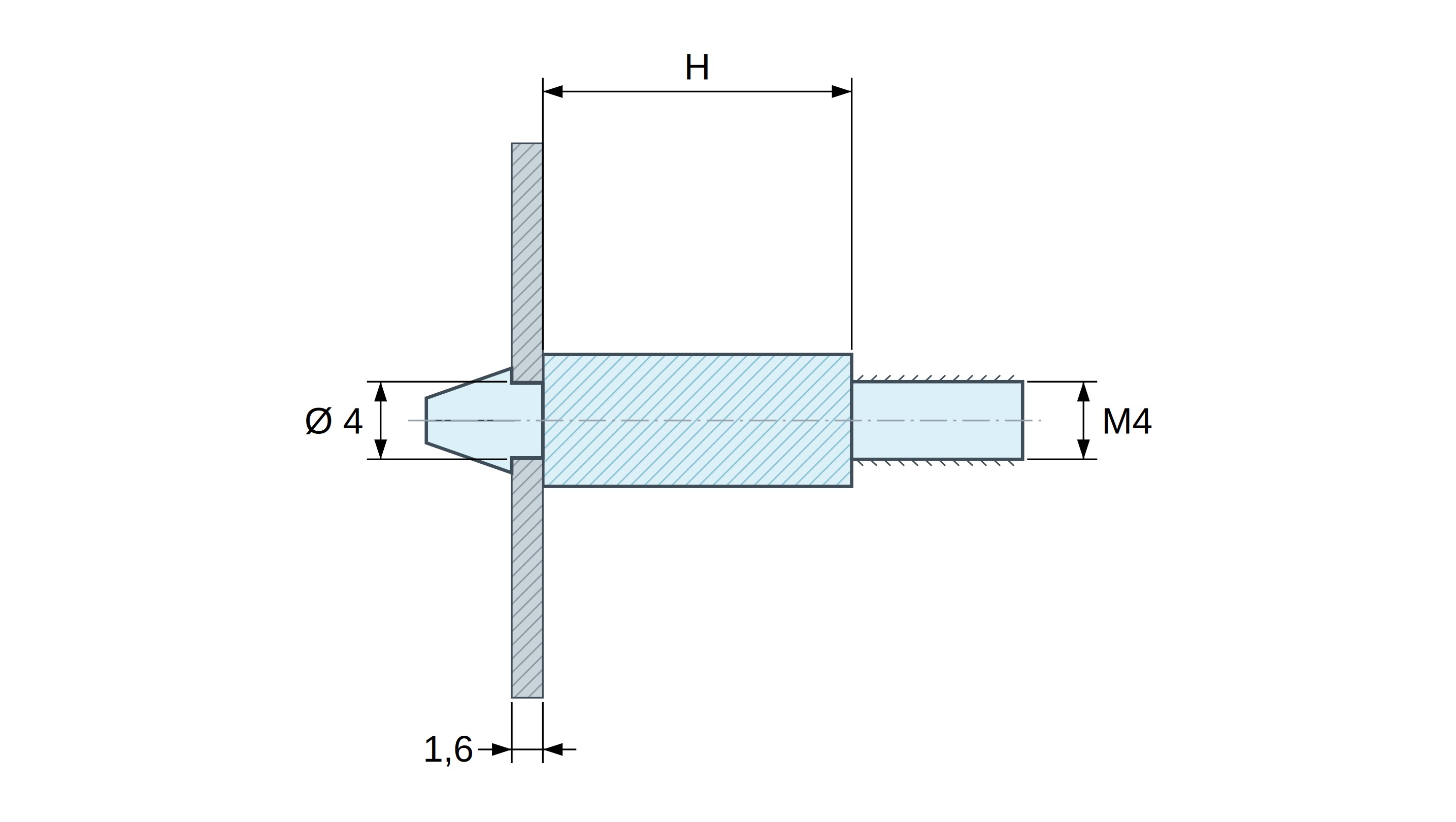 Maattekening: Inklikbare printplaathouder, M4-draadeind, naturel PA6.6-polyamide UL94-V0, gat printplaat Ø4 mm, printplaat 1,6 mm