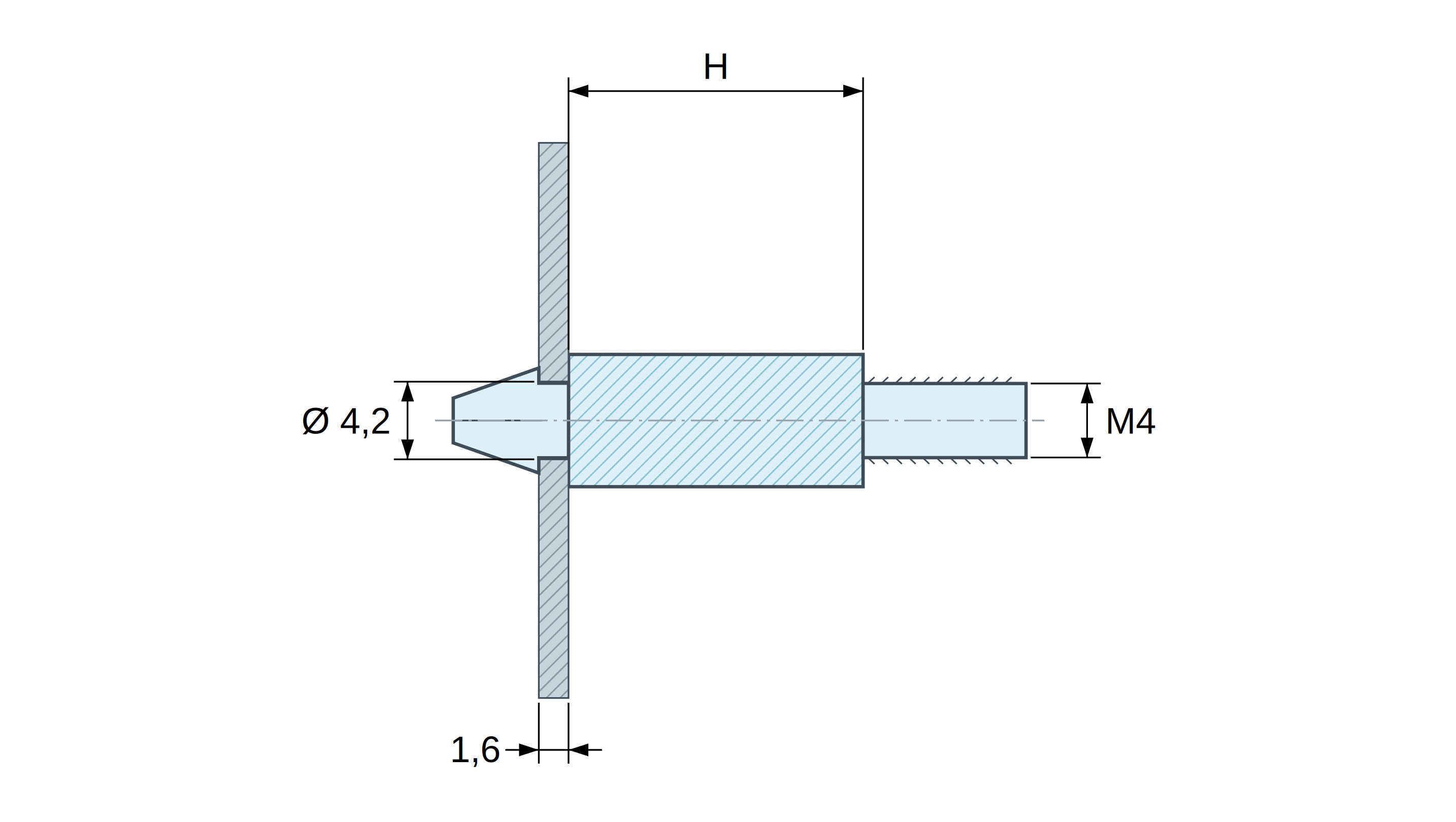 Zacvakávací držák desky plošných spojů se závitem M4, přírodní polyamid PA6.6 UL94-V2, otvor Ø4,2 mm, deska 1,6 mm Zacvakávací držák desky plošných spojů se závitem M4, přírodní polyamid PA6.6 UL94-V2, otvor Ø4,2 mm, deska 1,6 mm