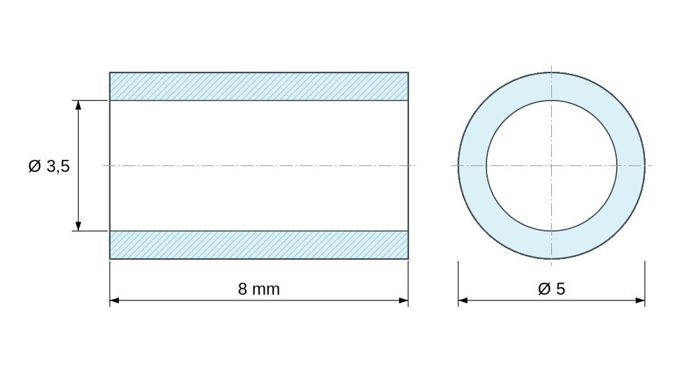 Maattekening gladde afstandsbus van roestvast staal Ø3,5x5mm voor schroef M3