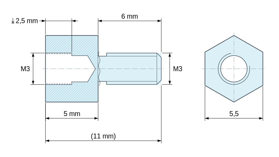 Maattekening zeskantige afstandsbus met uitwendige/inwendige schroefdraad van roestvast staal M3 - sleutelwijdte 5,5 mm Maattekening zeskantige afstandsbus met uitwendige/inwendige schroefdraad van roestvast staal M3 - sleutelwijdte 5,5 mm