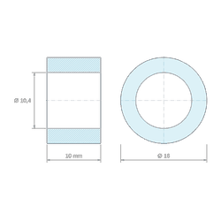 Maattekening 10 mm, Gladde afstandsbus van naturel glasvezelversterkt polyamide PA6 kunststof Ø10,4x16mm voor schroef M10