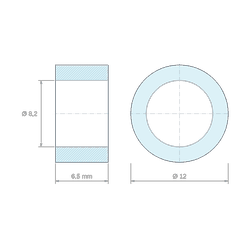 Maattekening 6,5 mm, Gladde afstandsbus van wit, glasvezelversterkt PA6-polyamide Ø8,2x12mm voor schroef M8