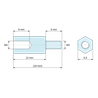 Maattekening 12 mm / 6 mm, Zeskantige afstandsbus met buiten-/binnendraad van naturel polyamide PA6.6 UL94-V0 M3 - sleutelwijdte 5,5 mm