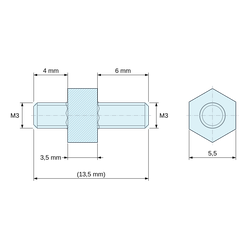 Maattekening 3,5 mm / 4 / 6 mm, Zeskantige afstandsbus met buiten-/buitendraad, verzinkt staal M3 - sleutelwijdte 5,5 mm, draadeinden 4 en 6 mm