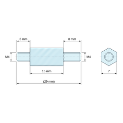 Maattekening 15 mm / 6 / 8 mm, Zeskantige afstandsbus met buiten-/buitendraad van blauw verzinkt staal M4 - sleutelwijdte 7 mm, draadeinden 6 en 8 mm