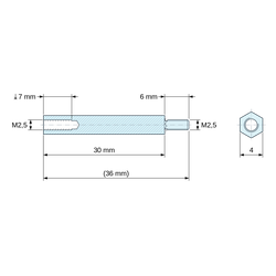 Maattekening 30 mm / 6 mm, Zeskantige afstandsbus met buiten-/binnendraad, loodvrij verzinkt staal M2,5 - sleutelwijdte 4 mm