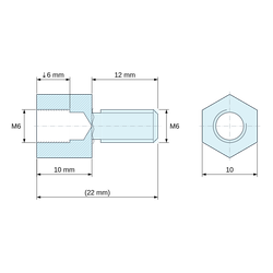 Maattekening 10 mm / 12 mm, Zeskantige afstandsbus met buiten-/binnendraad van loodvrij blauw verzinkt staal M6 - sleutelwijdte 10 mm