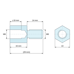 Maattekening 15 mm / 14 mm, Zeskantige afstandsbus met buiten-/binnendraad van loodvrij blauw verzinkt staal M8 - sleutelwijdte 13 mm