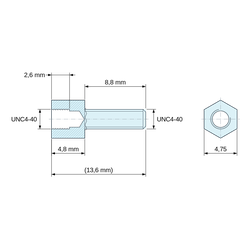 Maattekening 4,8 mm / 8,8 mm, Zeskantige afstandsbus met buiten-/binnendraad van verzinkt loodvrij staal UNC4-40 - sleutelwijdte 4,75 mm
