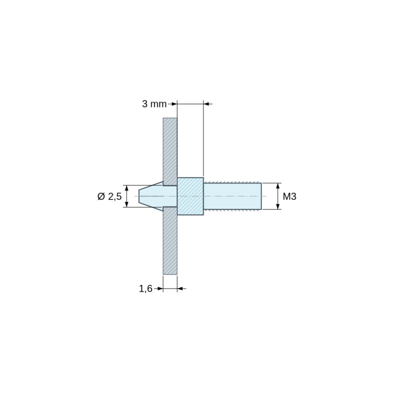 Maattekening 3 mm, Inklikbare printplaathouder met M3-draad, zwart PA6.6-polyamide UL94-HB, gat Ø2,5 mm, printplaat 1,6 mm
