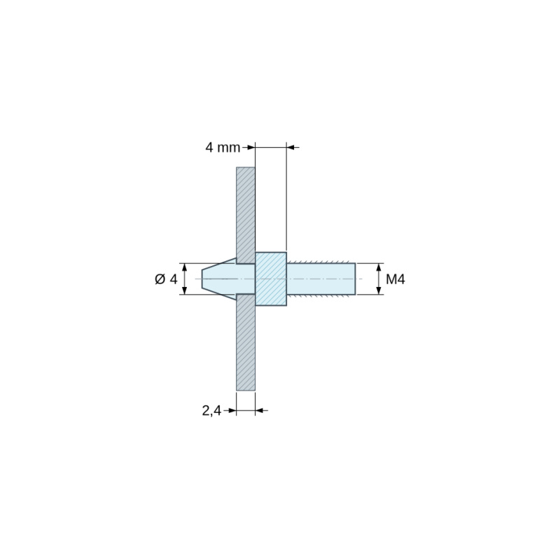 Maattekening 4 mm, Inklikbare printplaathouder met M4-draad, zwart PA6.6-polyamide UL94-HB, gat Ø4 mm, printplaat 2,4 mm