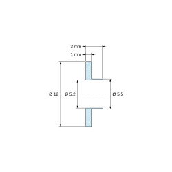 Maattekening 3 mm, Isolatiebus met flens Ø5,2x12mm, hoge schouder Ø5,5mm, zwart glasvezelversterkt PA6.6-polyamide UL94-HB