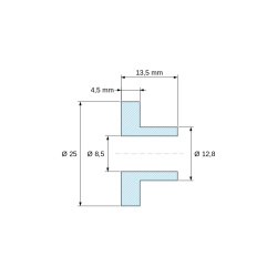 Maattekening 13,5 mm, Isolatiebus met flens Ø8,5x25mm, hoge schouder Ø12,8mm, zwart glasvezelversterkt PA6.6-polyamide UL94-HB