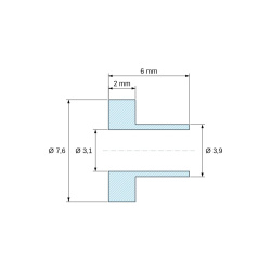 Maattekening 6 mm, Isolatiebus met flens Ø3,1x7,6mm, hoge schouder Ø3,9mm, hoogte 6mm, zwart glasvezelversterkt PA6.6-polyamide UL94-HB