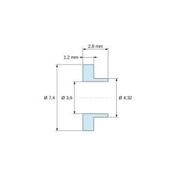 Maattekening 2,8 mm, Isolatiebus met flens Ø3,6x7,4mm, lage schouder Ø4,32mm, ongekleurd PA6.6-polyamide UL94-V2