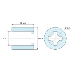 Maattekening 9,5 mm, Zelfvasthoudende gladde afstandsbus, naturel PA6.6, UL94-V2, Ø6,1 × 9,5 mm, voor M6-schroef