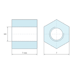 Rysunek wymiarowy 7 mm, Tulejka dystansowa gwintowana sześciokątna, gwint wew./wew., stal ocynkowana, pasywacja żółta z ołowiem M4, SW 7 mm